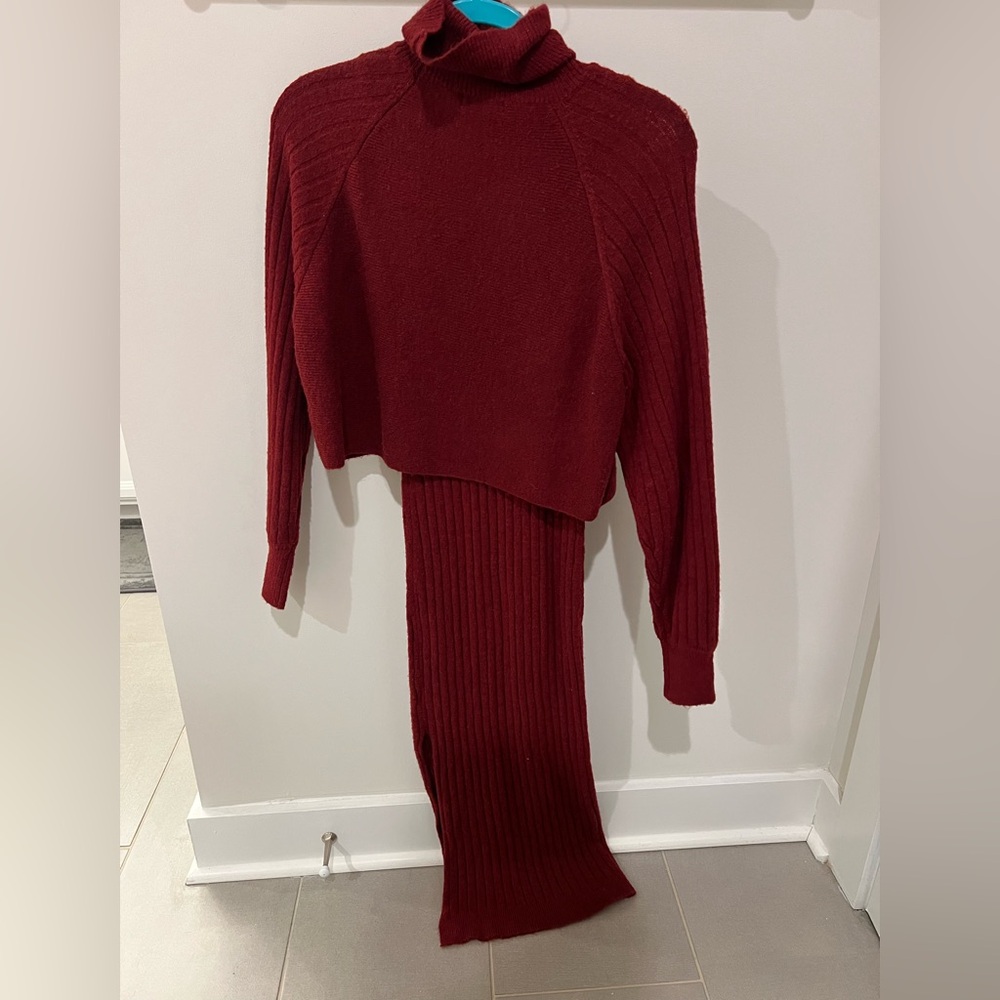 Lush Burgundy Long Sleeve Knit Dress 2 piece